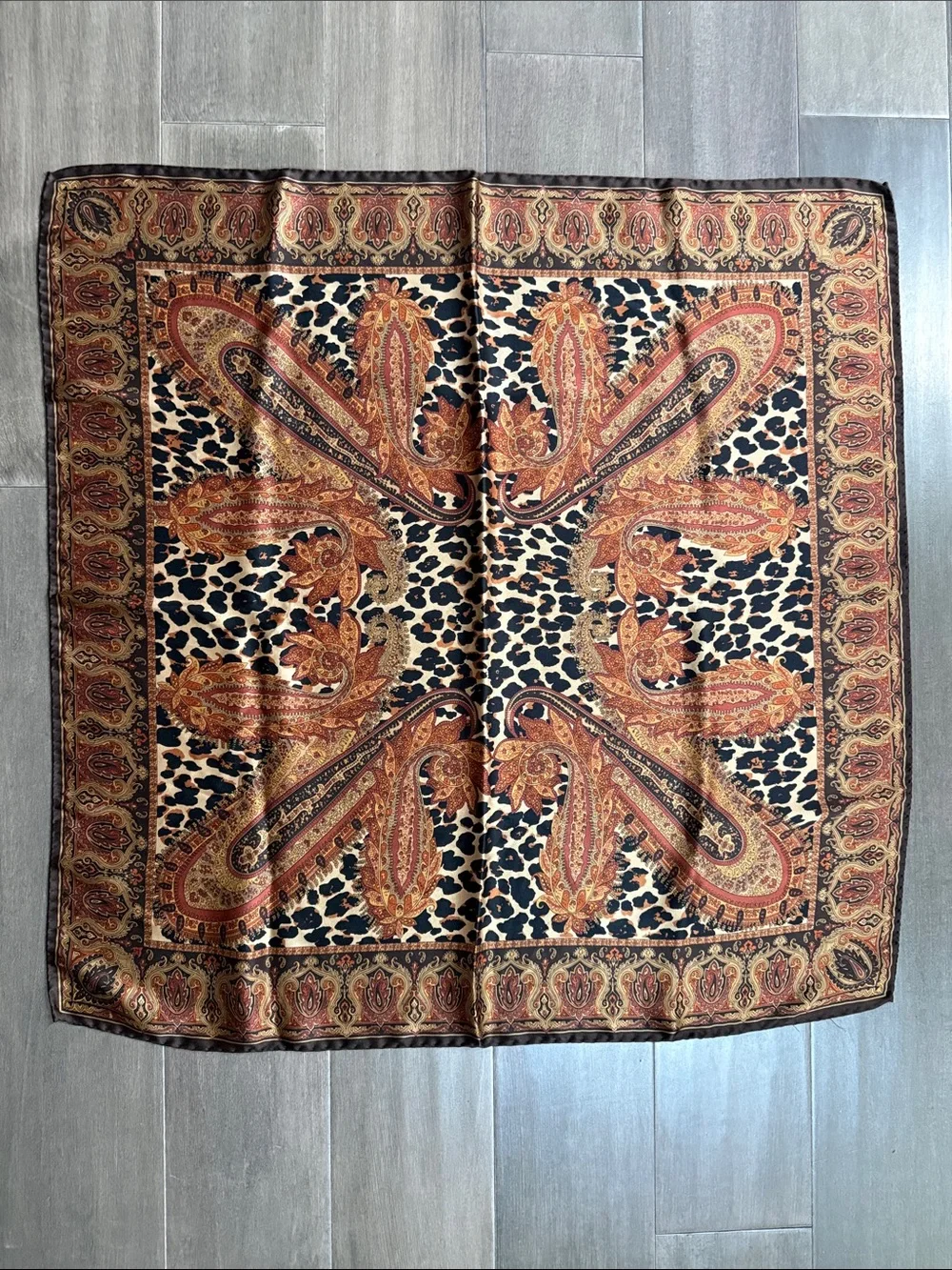 Vintage Silk Scarf Leopard & Paisley Print Square Scarf Brown Gold Accessory